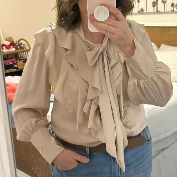 VINTAGE BERIN satin blouse top button front ruffle layers neck ties taupe large - Picture 11 of 13